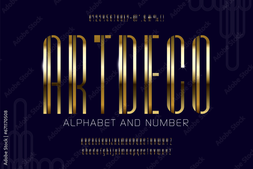 Elegant Golden art deco font 1920s. Alphabet in Art deco style