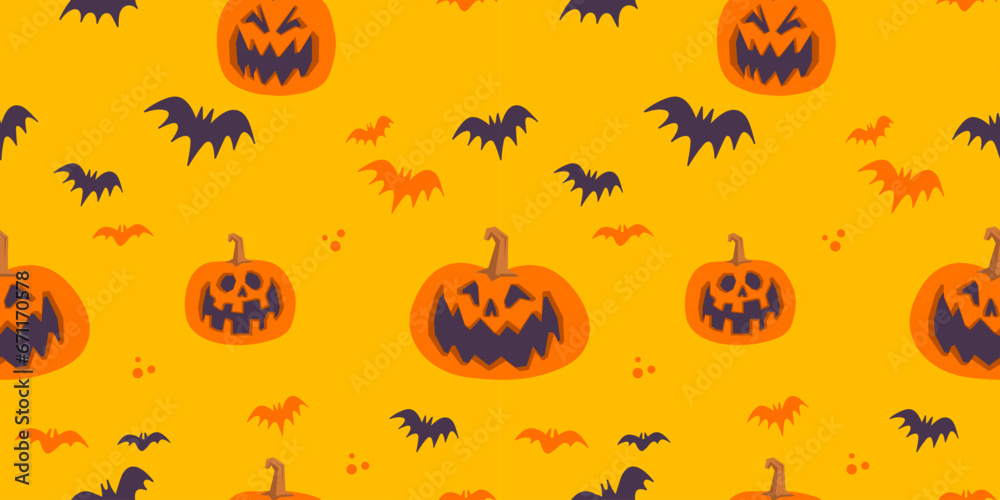 Naklejka premium Halloween seamless pattern with carved pumpkins and bats. Cheerful spooky illustrations.