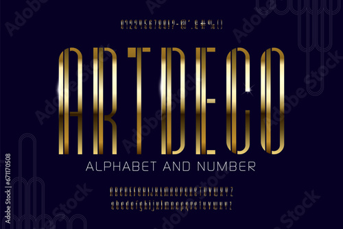 Elegant Golden art deco font 1920s. Alphabet in Art deco style