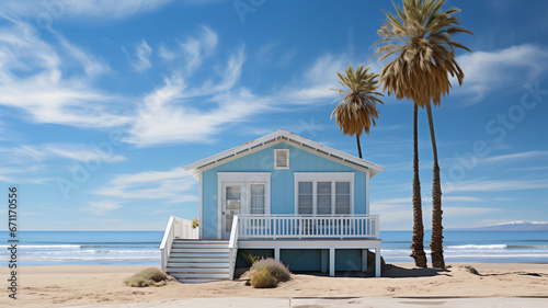 coastal living. blue cottage house on a sunny beach. summer getaway