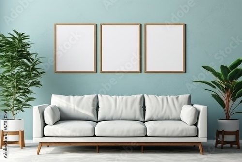 Photo frame mock up, sofa in modern scandinavian Interior design with blank canvas with blue wall.