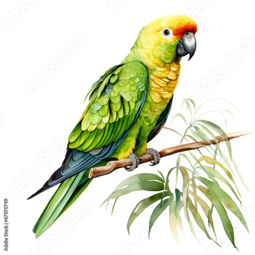 Watercolor paint beautiful budgie budgerigar parrot bird sits on a branch. Hand Drawn Summer Tropical Illustration isolated on white background. 