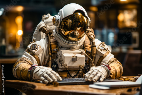 Man in space suit sitting at desk with keyboard.