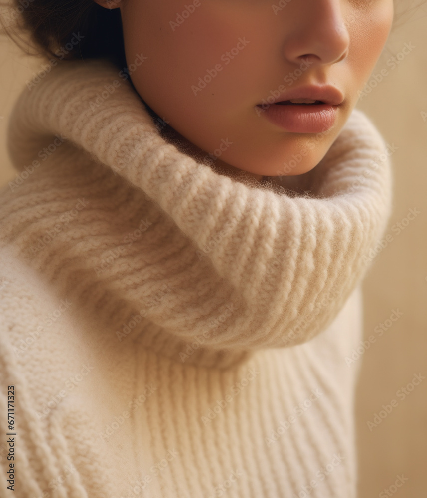 Beautiful young woman in cozy white knitted sweater.
Beautiful young woman in cozy white knitted sweater.