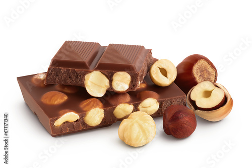 Chocolate with hazelnuts isolated on white background with full depth of field.
