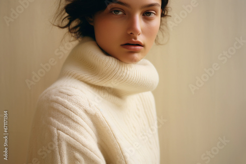 Beautiful young woman in cozy white knitted sweater. 
