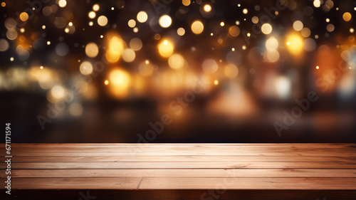 Wooden Table Elegance  Golden Bokeh in Restaurant Space