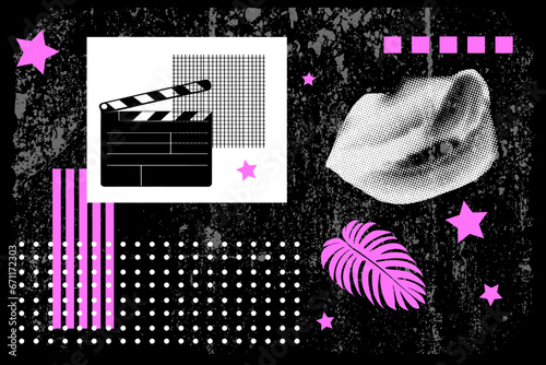 Halftone pattern female lips with sensual expression abstract art modern collage background.