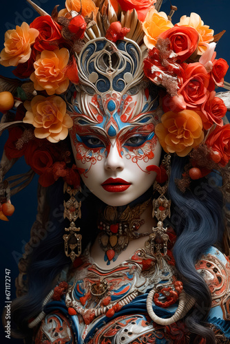 Woman with face painted with flowers and mask.