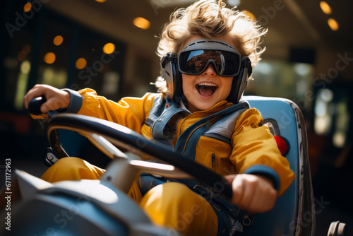 Young boy wearing goggles and yellow jacket is driving car.