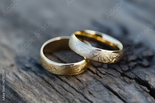 Wedding rings on wooden table
