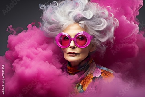 Elderly Woman Experiencing Pure Bliss in a Colorful Pink Smoke Celebration of Happiness and Joy