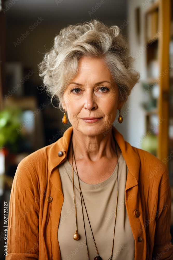 Woman with necklace and jacket on is looking at the camera.