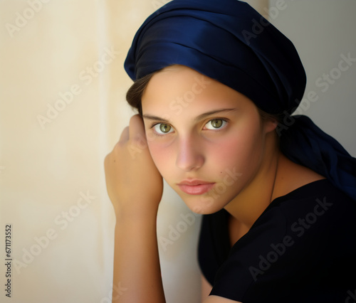 portrait of a shy Middle Eastern girl with clear eyes and an intense gaze