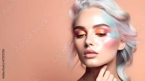 Fashion editorial Concept. Closeup portrait of stunning pretty woman with chiseled features, pastel colourful makeup and hair. illuminated with dynamic composition dramatic lighting. copy text space