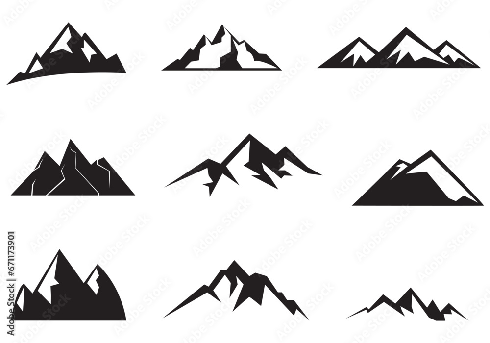 Mountain peak silhouettes. Black hills, top rocks. Mountains symbols, extreme sport hiking climbing travel or adventures. Isolated geology landscape elements vector set - obrazy, fototapety, plakaty 