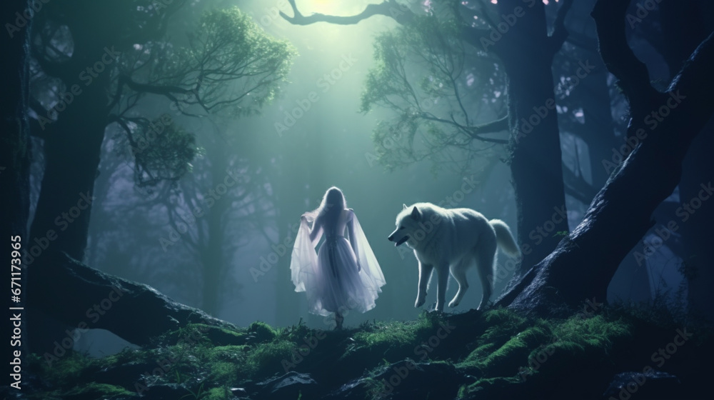 wild girl with her wolf standing in the forest, digital art style, illustration. Generative AI - obrazy, fototapety, plakaty 