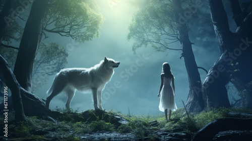 wild girl with her wolf standing in the forest, digital art style, illustration. Generative AI © Fuji