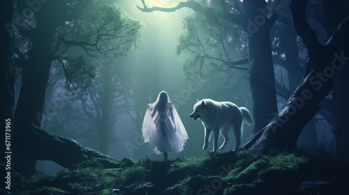 Fototapeta wild girl with her wolf standing in the forest, digital art style, illustration. Generative AI