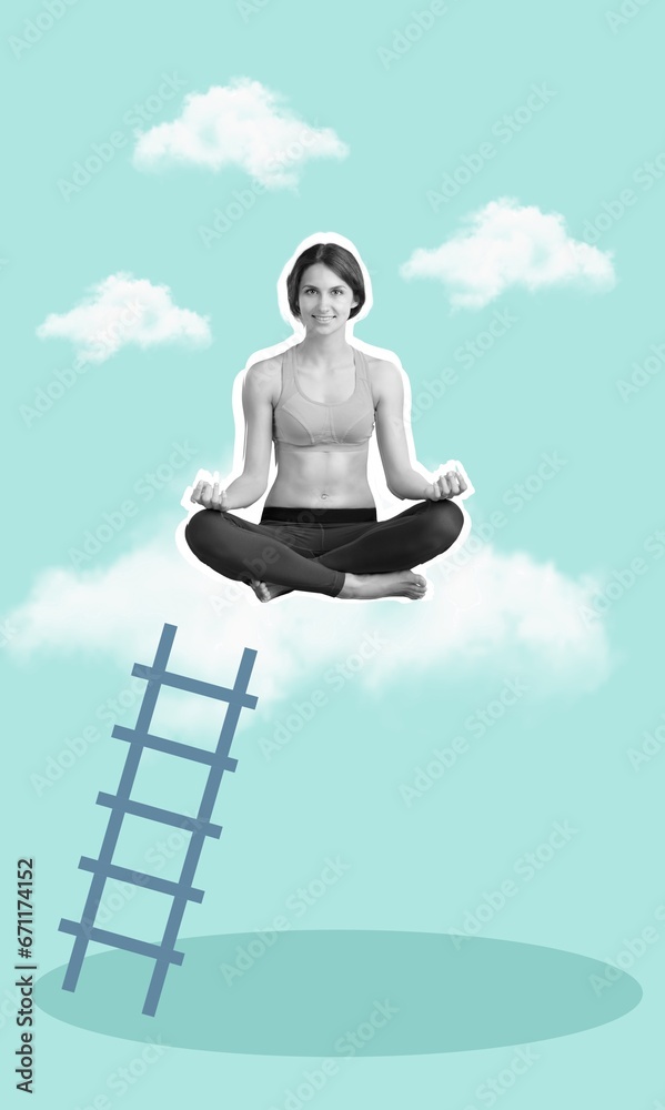 Picture collage of young woman meditate in sky Picture collage of young woman meditate in sky