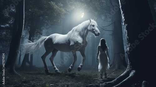 white horse and girl walking trough under super big full moon fantasy. Generative AI