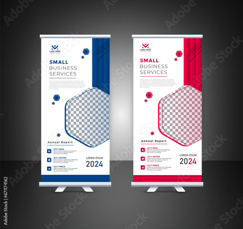 Blue modern roll up so business standee banner design free vector