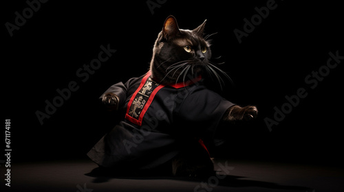 funny fat cat wearing kungfu uniforms. Generative AI photo