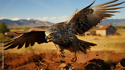 Flying Falco tinnunculus hunting in a shaking flight. Generative AI © Fuji