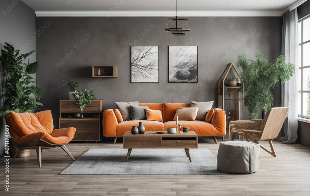 Fototapeta premium Stylish orange colour living room with design furniture, plants, book stand and wooden desk. Modern decor of bright room. Created with Generative AI