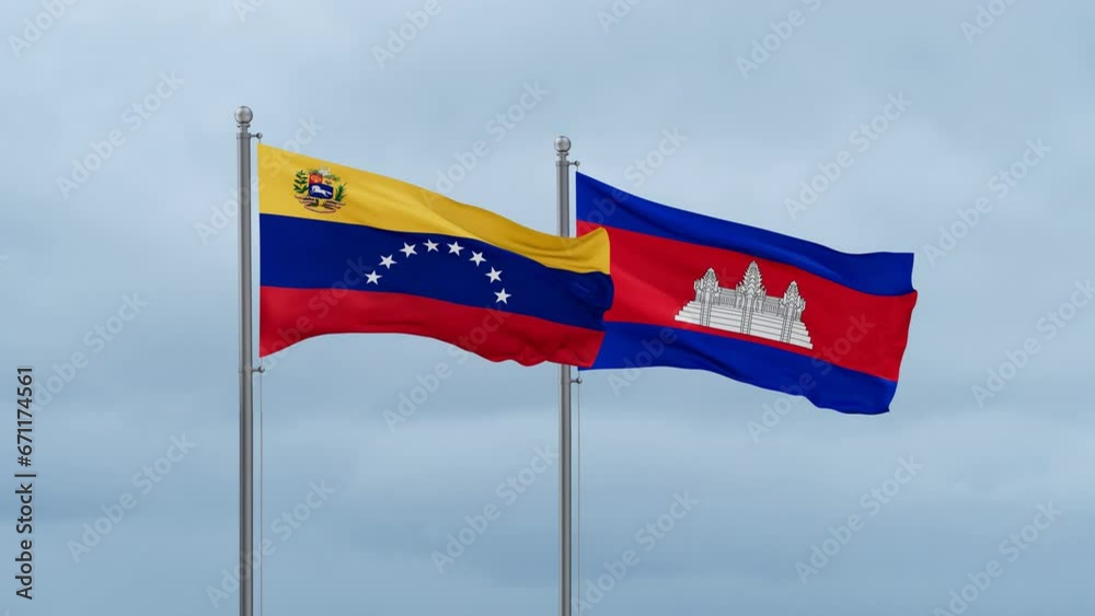 Cambodia flag and Venezuela flag waving together on cloudy sky, endless seamless loop, two country relations concept Cambodia flag and Venezuela flag waving together on cloudy sky, endless seamless loop, two country relations concept