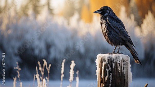  a black bird sitting on top of a wooden post next to a body of water with trees in the background and snow on the ground and grass in the foreground.  generative ai