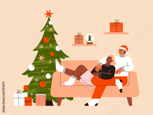 Christmas people vector flat illustration. Couple celebrating Christmas at home.  A guy and a girl are sitting on the sofa near the Christmas tree