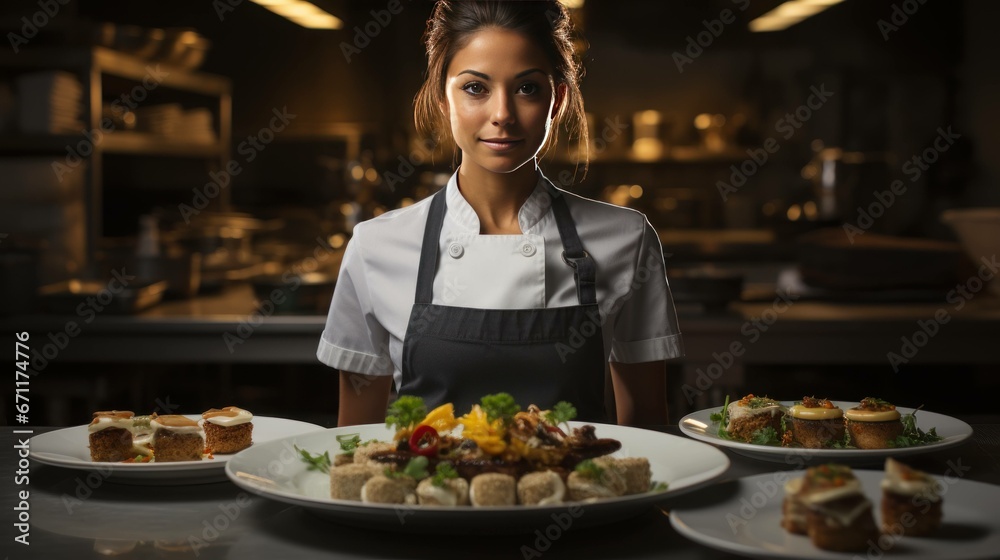 Uniform female waiter serving food on plates.