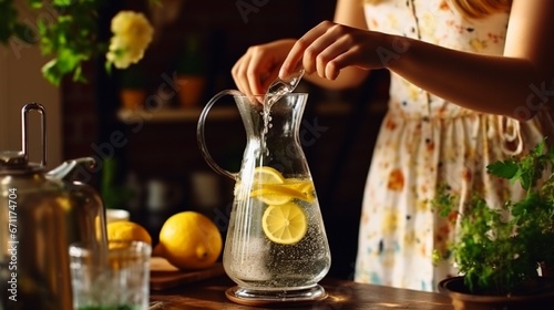 Female hands pour water from a decanter into a glass beaker filled with lemon and ice. The concept of health and diet. On a hot day, this will quench your thirst.