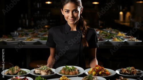 Uniform female waiter serving food on plates.