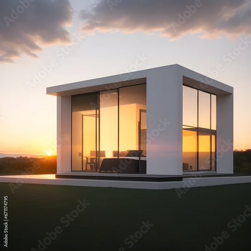 Exterior of modern villa with at sunset