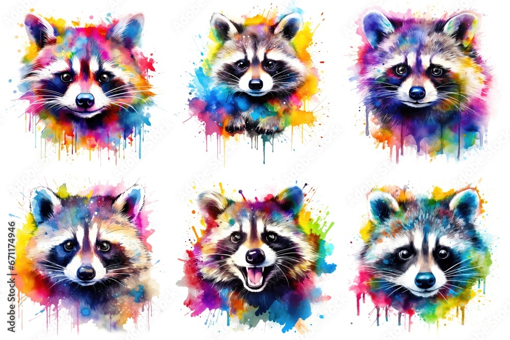 Fototapeta premium A set of six raccoons painted in different colors, watercolor clipart on white background.