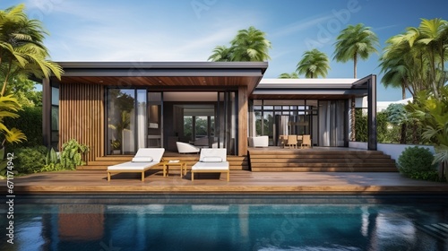 Exterior design of a large modern luxury pool mansion. Feature wooden decking, sunbed, large swimming pool, and verdant garden home, house, building, hotel, resort © Nazia