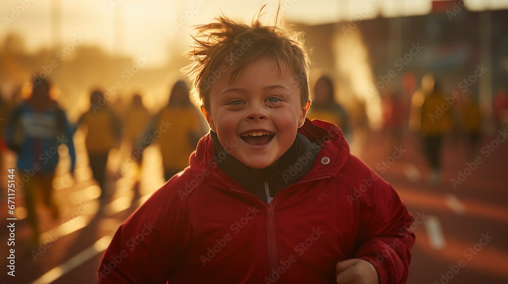 Fototapeta premium Overweight child athlete participating in a running race.