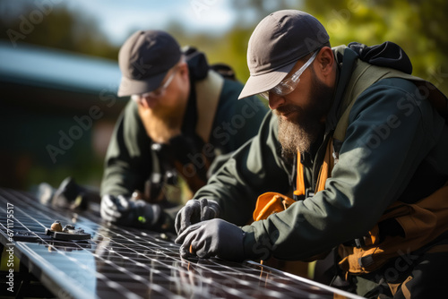 Two men working on solar panel together in field.