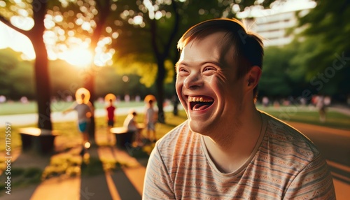 A happy dude with down syndrome grinning at a bunch of kiddos, spreading joy and love all around! photo