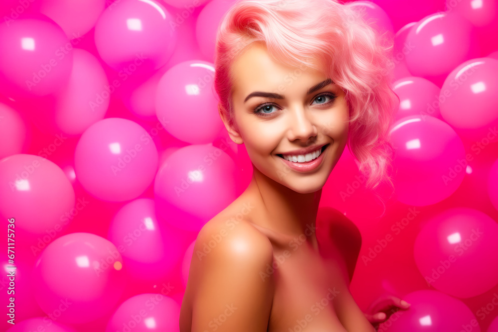 Woman with pink hair and pink background with pink balloons.