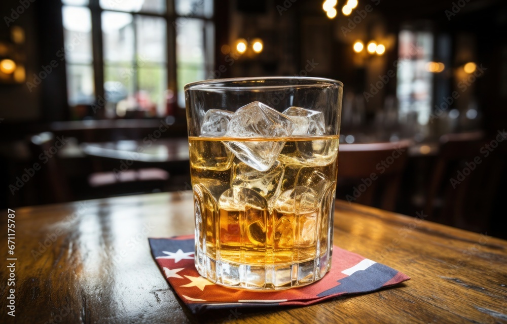 A timeless scene of a glass of whiskey, adorned with ice cubes, resting on a table in the classic Americana style A timeless scene of a glass of whiskey, adorned with ice cubes, resting on a table in the classic Americana style