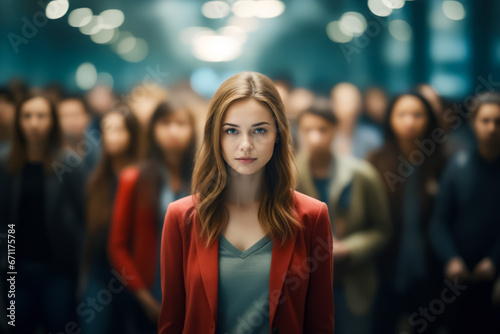 Woman standing in front of crowd of people.