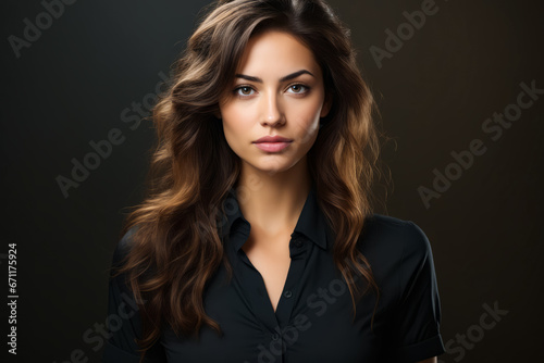 Woman with long hair and black shirt on.
