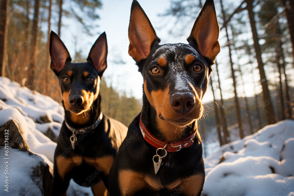 Two cute Doberman dogs, with black and brown fur, with red collars, with tags, filled with white snow, in a freezing climate, snowy landscape, generative AI