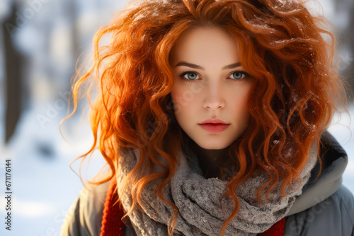 Woman with red hair and scarf around her neck.