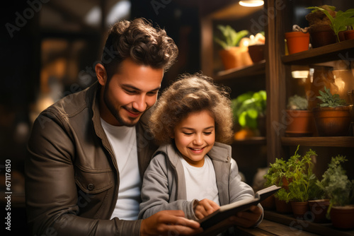 Man and little girl are looking at book.