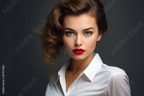 Woman with red lipstick and white shirt.