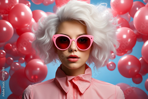 Woman with white hair and pink sunglasses is surrounded by balloons.